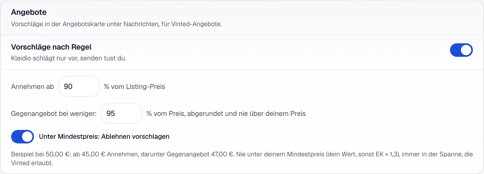 Die Karte Angebote unter Automatik mit dem Schalter Vorschläge nach Regel und den Feldern Annehmen ab und Gegenangebot bei weniger in Prozent vom Preis.