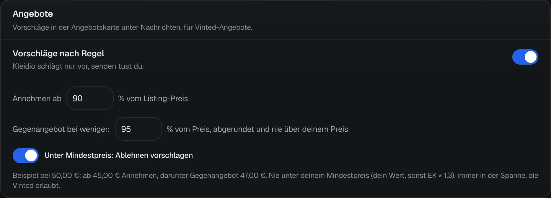 Die Karte Angebote unter Automatik mit dem Schalter Vorschläge nach Regel und den Feldern Annehmen ab und Gegenangebot bei weniger in Prozent vom Preis.