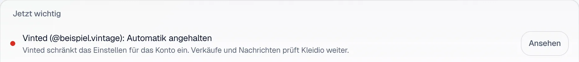 Die rote Zeile Vinted Automatik angehalten oben in Jetzt wichtig mit dem Knopf Ansehen.