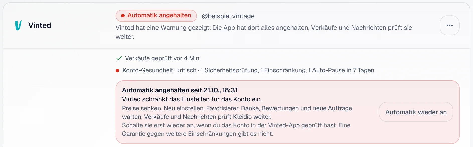 Die Vinted-Karte mit dem Status Automatik angehalten, Konto-Gesundheit kritisch und dem Kasten mit Grund, was wartet, und dem Knopf Automatik wieder an.