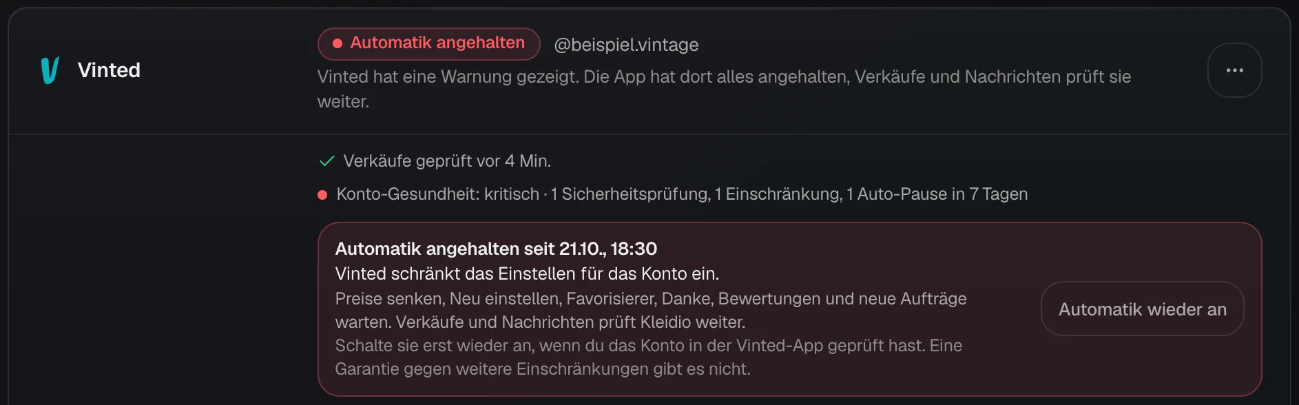 Die Vinted-Karte mit dem Status Automatik angehalten, Konto-Gesundheit kritisch und dem Kasten mit Grund, was wartet, und dem Knopf Automatik wieder an.