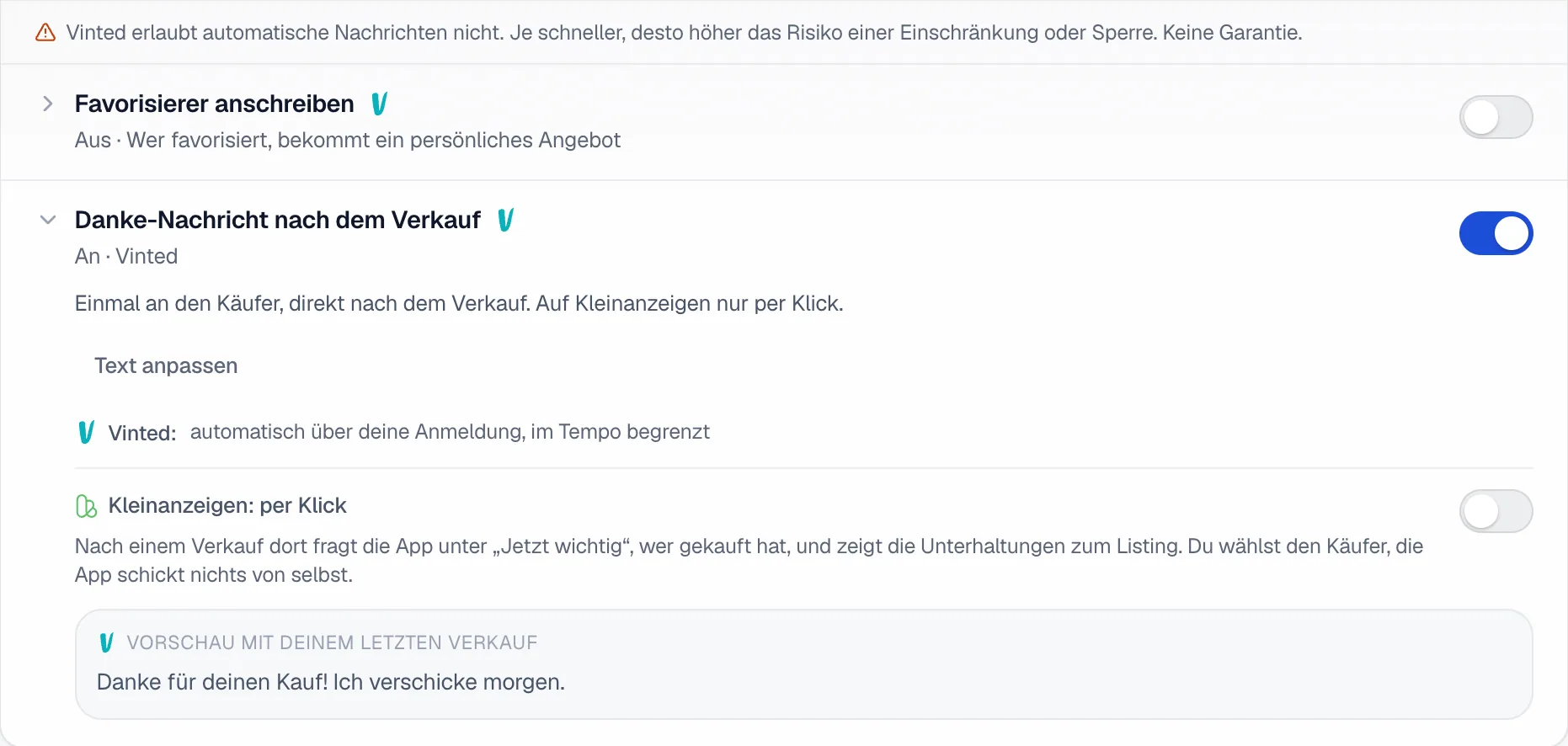 Die aufgeklappte Zeile Danke-Nachricht nach dem Verkauf mit dem Risiko-Satz der Gruppe Käufer, Text anpassen, Kleinanzeigen per Klick und einer Vorschau der Nachricht.