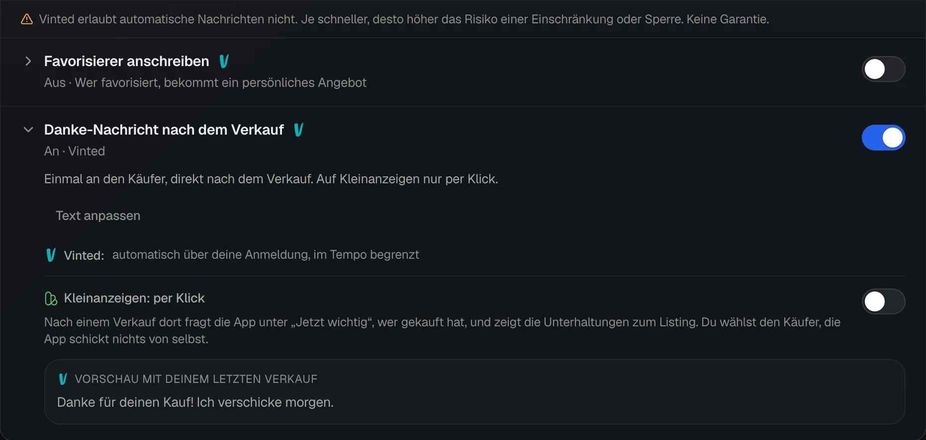 Die aufgeklappte Zeile Danke-Nachricht nach dem Verkauf mit dem Risiko-Satz der Gruppe Käufer, Text anpassen, Kleinanzeigen per Klick und einer Vorschau der Nachricht.