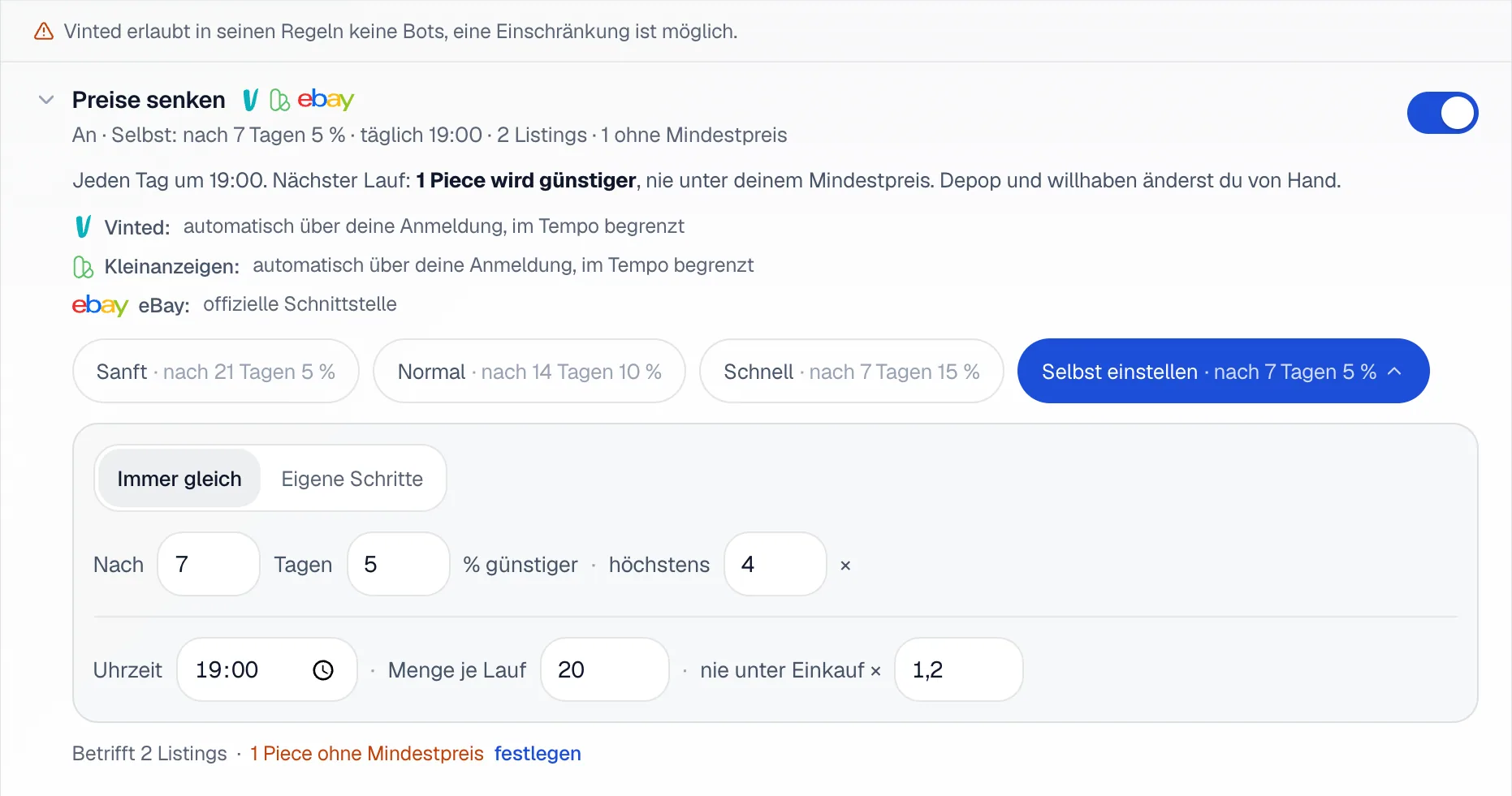 Die aufgeklappte Zeile Preise senken unter Automatik mit dem Risiko-Satz, den Marktplätzen, den Stilen Sanft, Normal, Schnell und Selbst einstellen sowie den Feldern für Tage, Prozent, Uhrzeit, Menge und den Faktor auf den Einkauf.