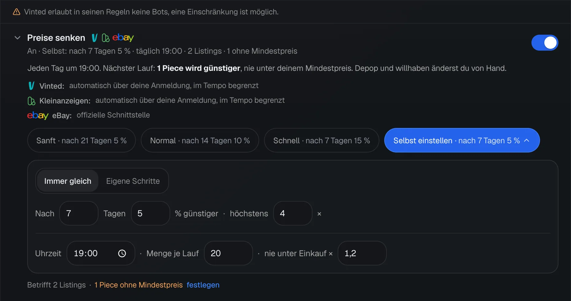 Die aufgeklappte Zeile Preise senken unter Automatik mit dem Risiko-Satz, den Marktplätzen, den Stilen Sanft, Normal, Schnell und Selbst einstellen sowie den Feldern für Tage, Prozent, Uhrzeit, Menge und den Faktor auf den Einkauf.
