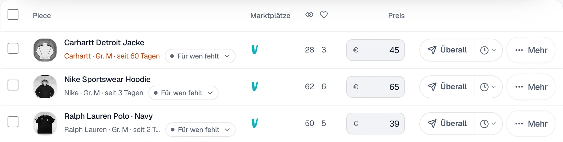 Drei Pieces in der Tabelle im Inventar, je mit Preisfeld, dem Knopf Überall, der Uhr für später und dem Knopf Mehr.