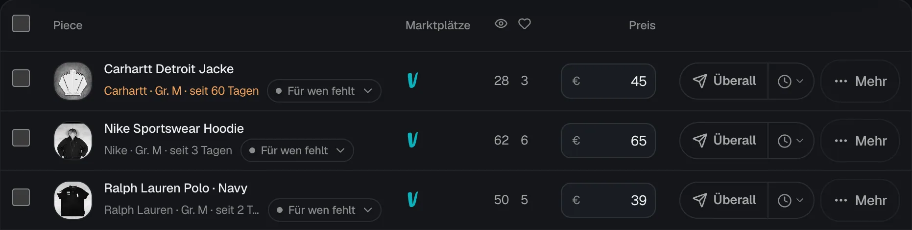 Drei Pieces in der Tabelle im Inventar, je mit Preisfeld, dem Knopf Überall, der Uhr für später und dem Knopf Mehr.