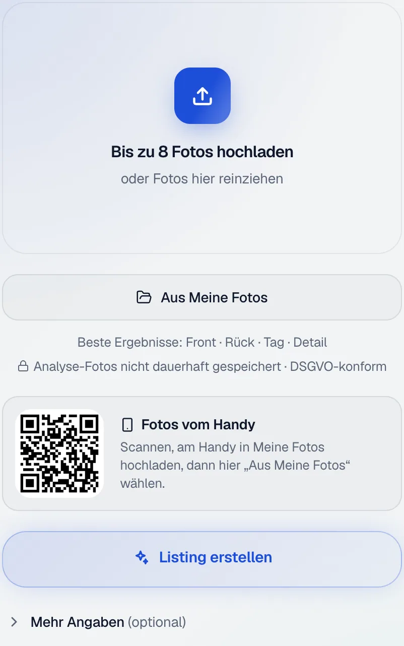 Die linke Spalte im KI-Listing: Feld für bis zu 8 Fotos, der Knopf Aus Meine Fotos, ein QR-Code für Fotos vom Handy und der Knopf Listing erstellen.