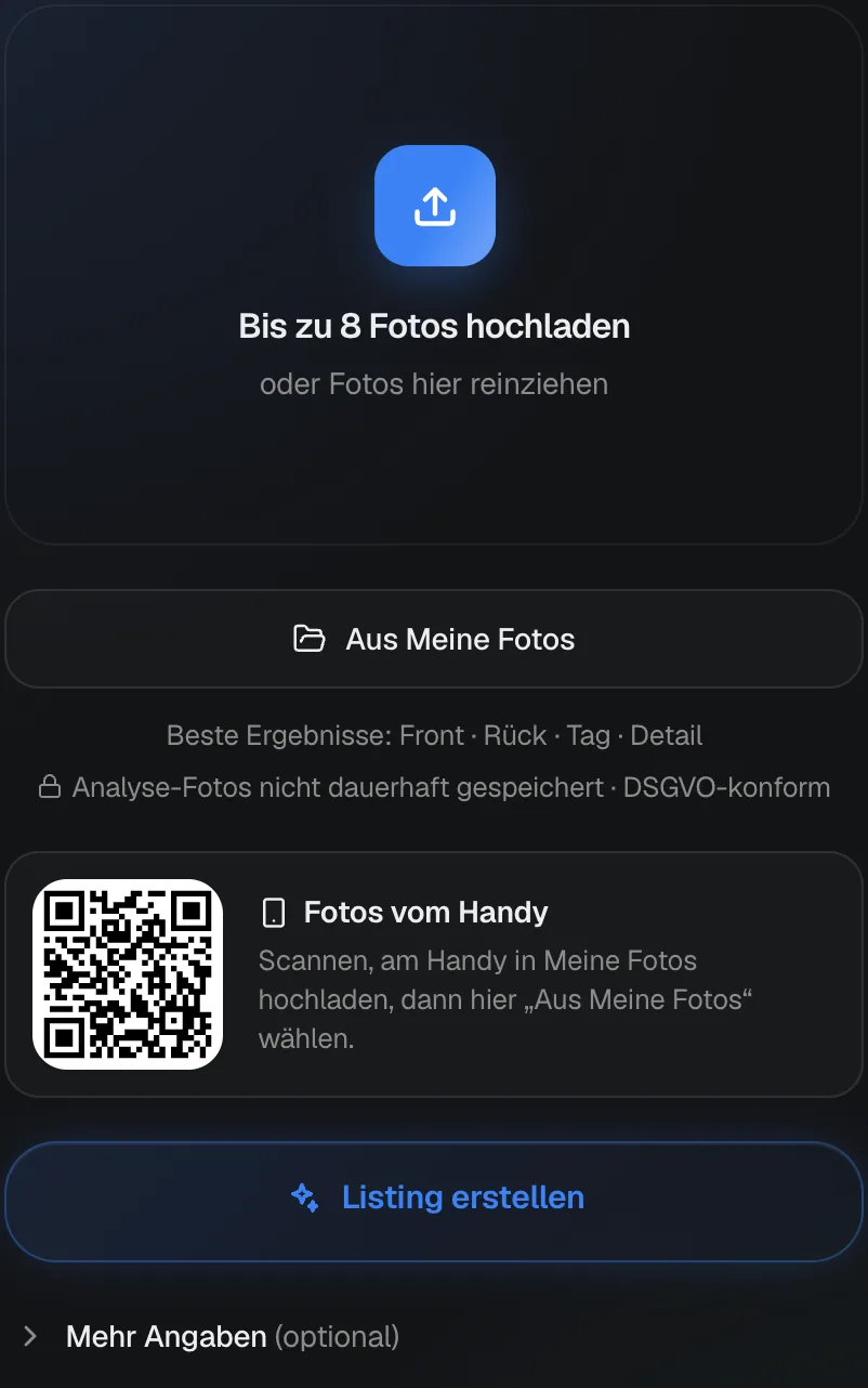 Die linke Spalte im KI-Listing: Feld für bis zu 8 Fotos, der Knopf Aus Meine Fotos, ein QR-Code für Fotos vom Handy und der Knopf Listing erstellen.