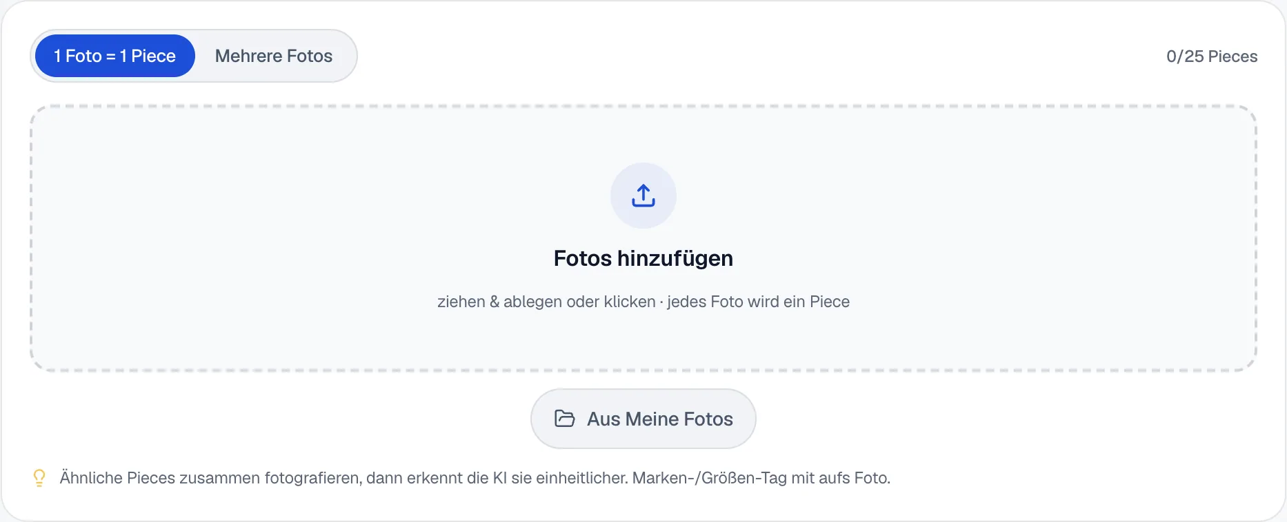 Mehrere auf einmal: Umschalter 1 Foto gleich 1 Piece oder Mehrere Fotos, das Feld Fotos hinzufügen für bis zu 25 Pieces und der Knopf Aus Meine Fotos.
