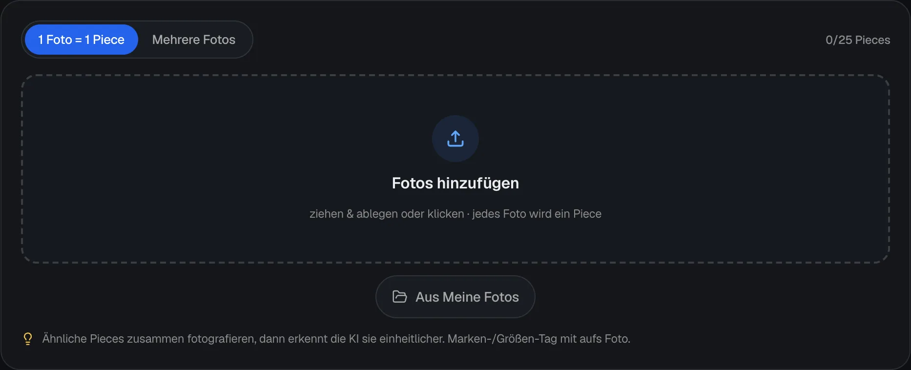 Mehrere auf einmal: Umschalter 1 Foto gleich 1 Piece oder Mehrere Fotos, das Feld Fotos hinzufügen für bis zu 25 Pieces und der Knopf Aus Meine Fotos.
