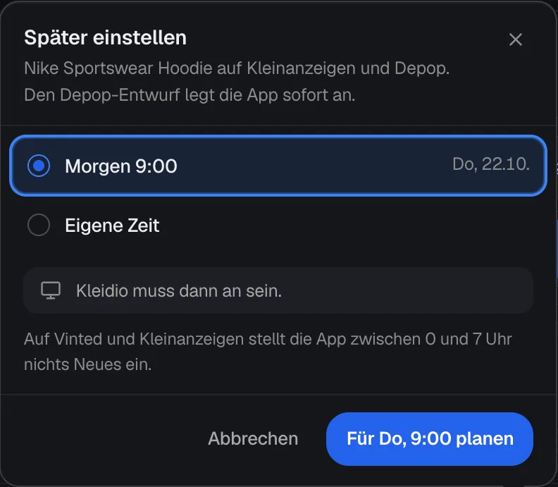 Die Auswahl Später einstellen mit Morgen 9:00 und Eigene Zeit, dem Hinweis Kleidio muss dann an sein, dem Satz zur Nachtruhe und dem Knopf zum Planen.