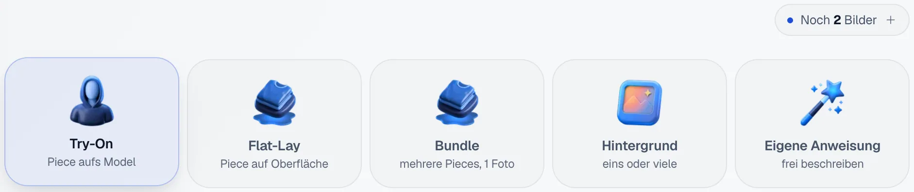 Die Arten im Foto-Studio: Try-On, Flat-Lay, Bundle, Hintergrund und Eigene Anweisung, oben rechts Noch 2 Bilder.