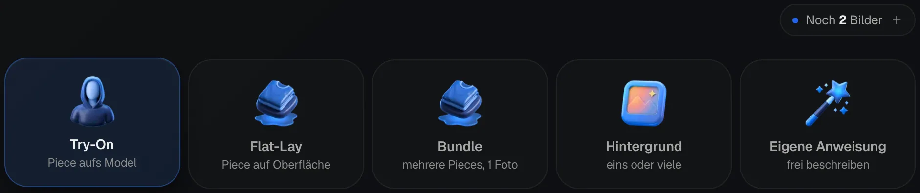 Die Arten im Foto-Studio: Try-On, Flat-Lay, Bundle, Hintergrund und Eigene Anweisung, oben rechts Noch 2 Bilder.