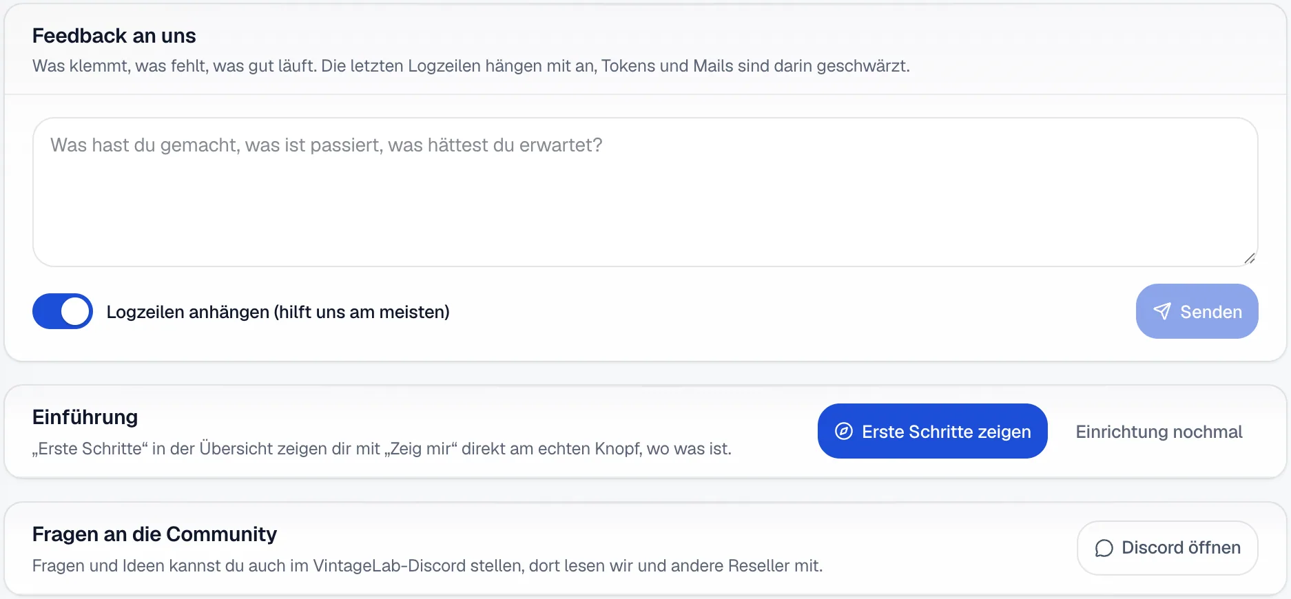 Die Seite Hilfe und Feedback in der Kleidio-App mit dem Feld Feedback an uns, dem Schalter Logzeilen anhängen, dem Knopf Senden, der Karte Einführung und Fragen an die Community mit Discord öffnen.