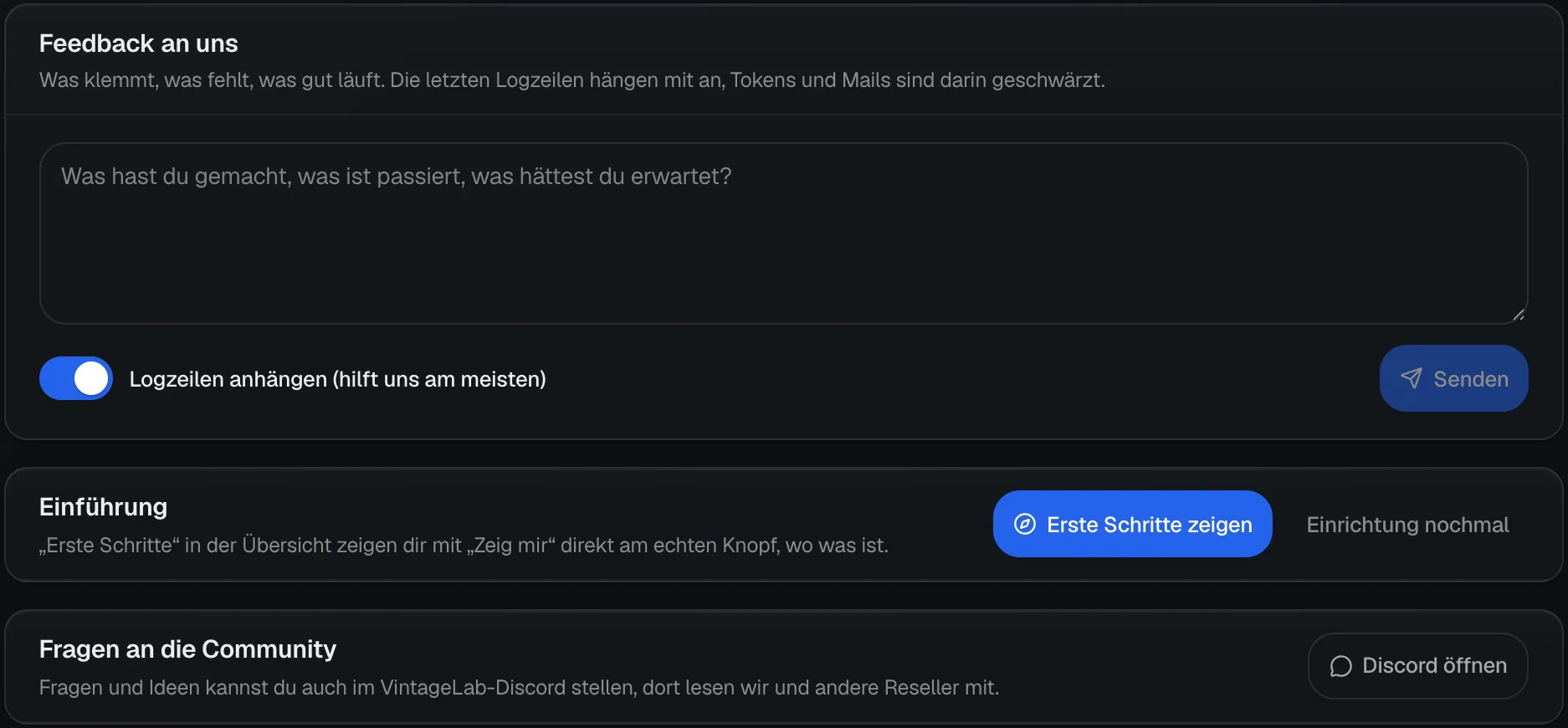 Die Seite Hilfe und Feedback in der Kleidio-App mit dem Feld Feedback an uns, dem Schalter Logzeilen anhängen, dem Knopf Senden, der Karte Einführung und Fragen an die Community mit Discord öffnen.