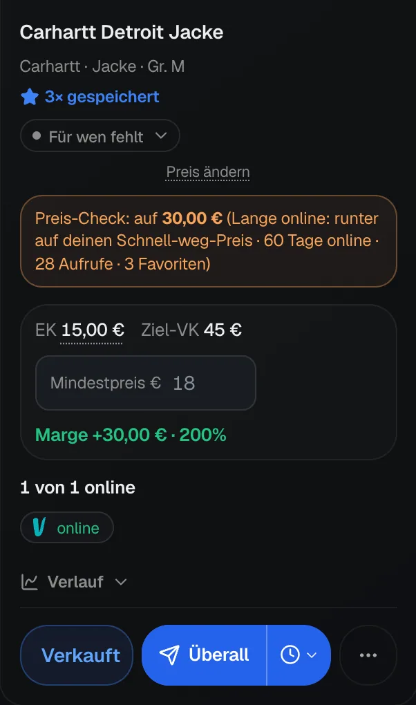 Eine Inventar-Karte mit dem Piece Carhartt Detroit Jacke, EK, Ziel-VK und Mindestpreis, dem Vinted-Listing als online und dem Knopf Überall.