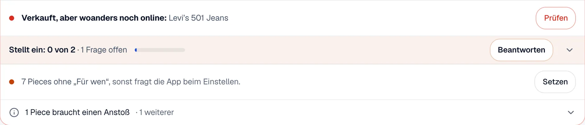 Der Kasten oben im Inventar mit der Zeile Verkauft, aber woanders noch online: Levi’s 501 Jeans und dem Knopf Prüfen, darunter weitere offene Punkte.