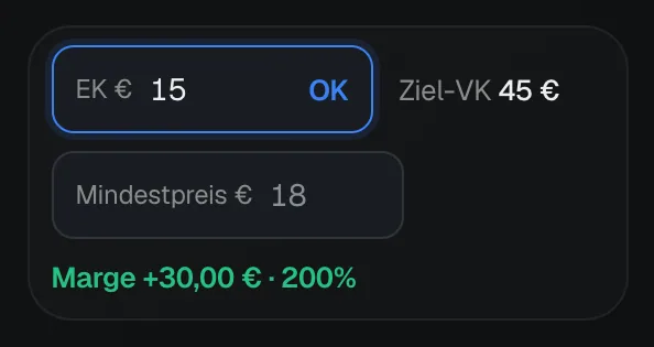 Das geöffnete Feld EK Euro mit dem Wert 15 und dem Knopf OK, daneben Ziel-VK 45 Euro, darunter Mindestpreis und Marge.