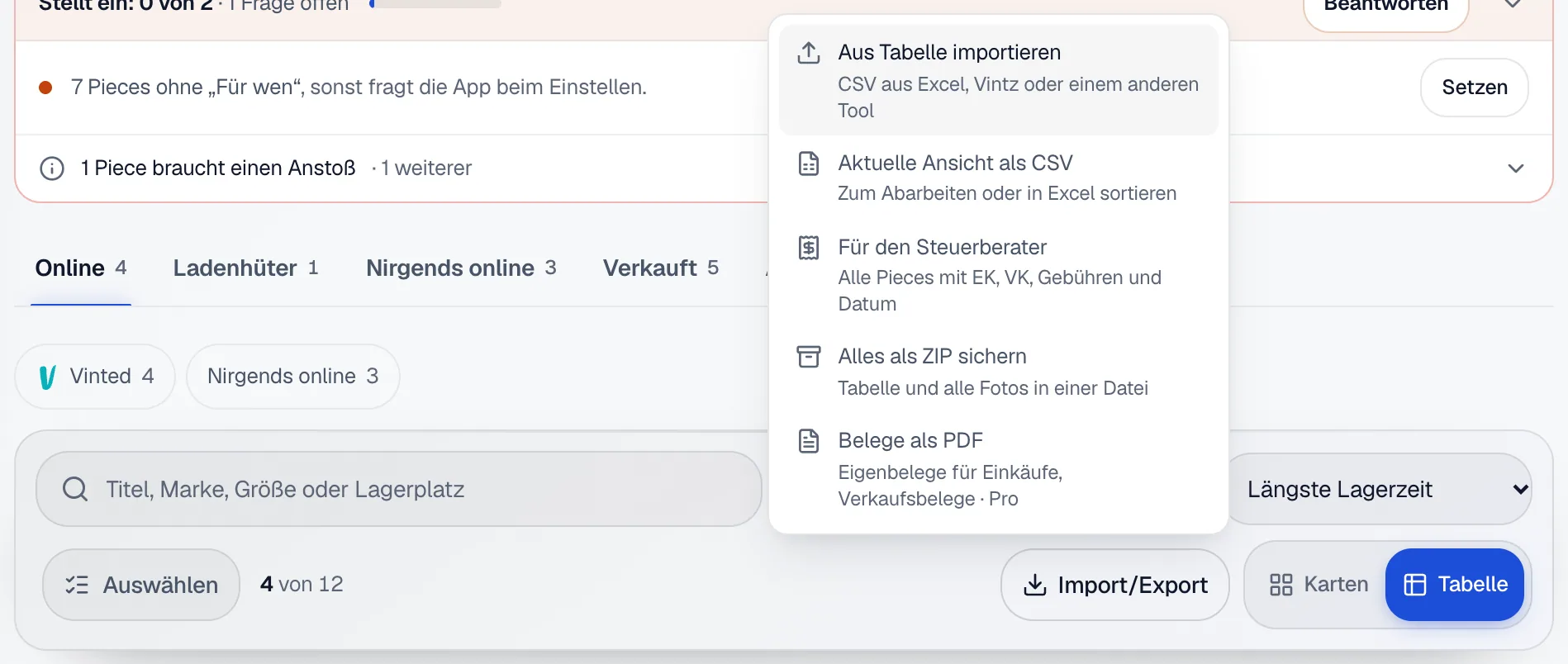 Das geöffnete Menü Import/Export im Inventar mit Aus Tabelle importieren, Aktuelle Ansicht als CSV, Für den Steuerberater, Alles als ZIP sichern und Belege als PDF.