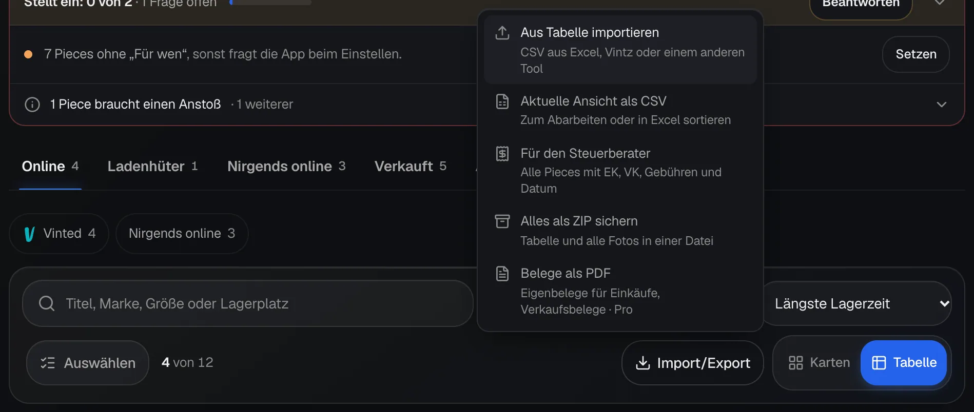 Das geöffnete Menü Import/Export im Inventar mit Aus Tabelle importieren, Aktuelle Ansicht als CSV, Für den Steuerberater, Alles als ZIP sichern und Belege als PDF.