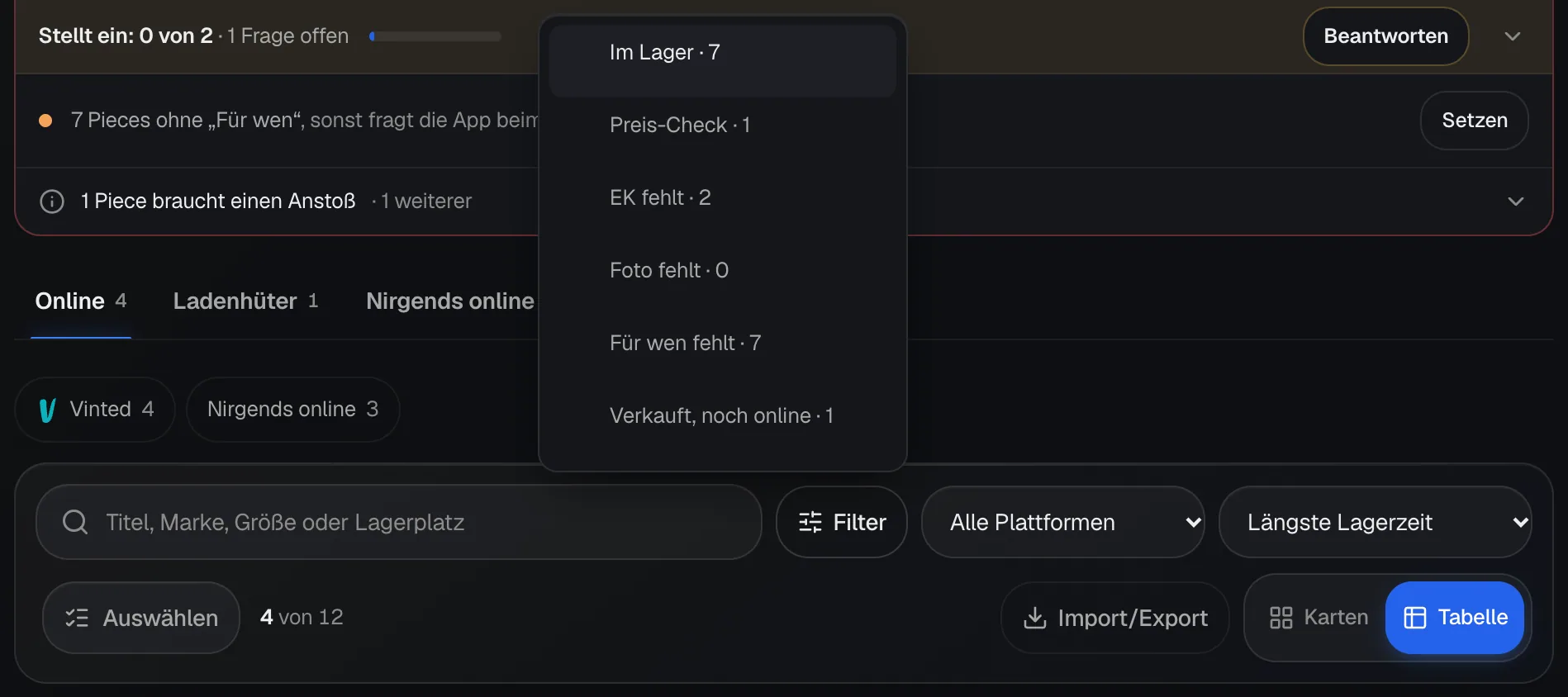 Das geöffnete Menü Filter im Inventar mit Im Lager, Preis-Check, EK fehlt, Foto fehlt, Für wen fehlt und Verkauft, noch online, jeweils mit Anzahl.