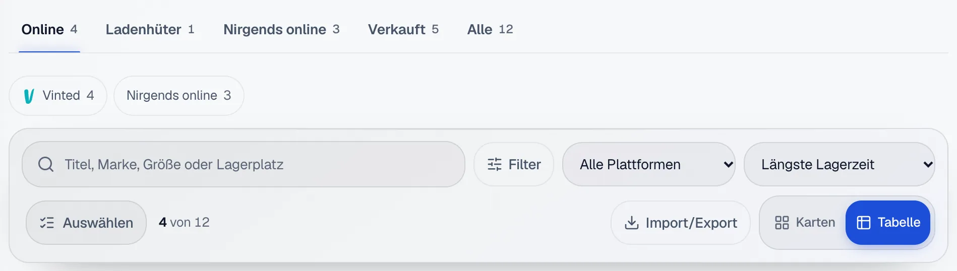 Die Reiter Online, Ladenhüter, Nirgends online, Verkauft und Alle im Inventar der Kleidio-App, darunter Suche, Filter, Plattform, Sortierung und der Umschalter Karten oder Tabelle.