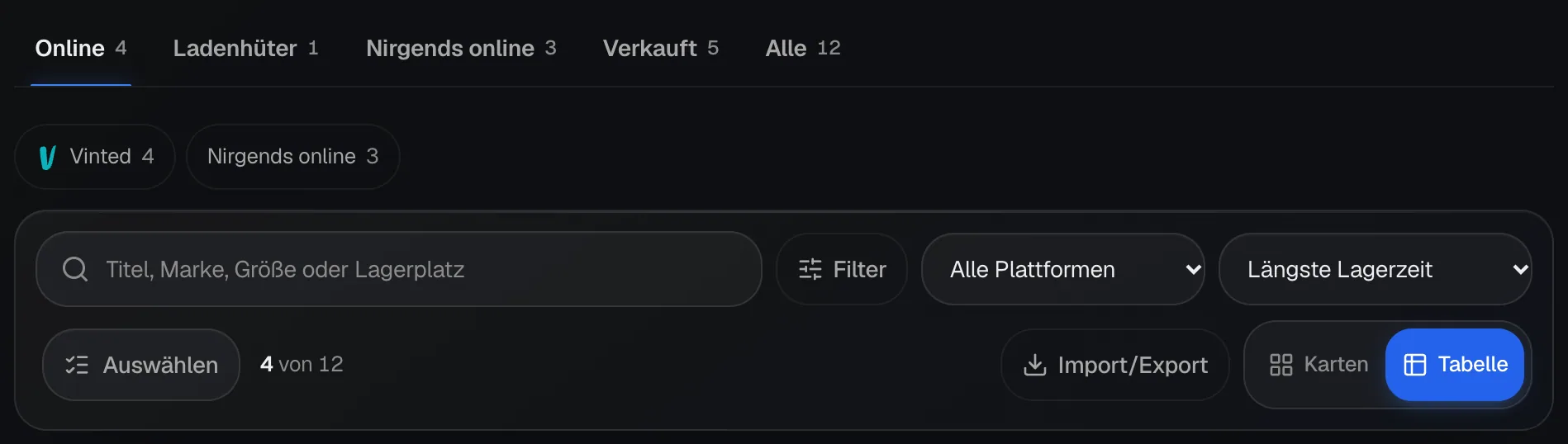 Die Reiter Online, Ladenhüter, Nirgends online, Verkauft und Alle im Inventar der Kleidio-App, darunter Suche, Filter, Plattform, Sortierung und der Umschalter Karten oder Tabelle.