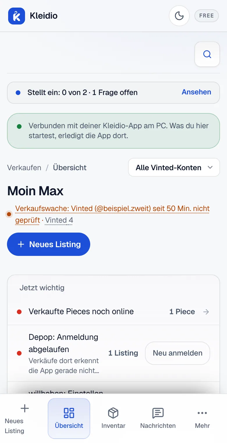 Die Übersicht von kleidio.com am Handy mit dem grünen Hinweis Verbunden mit deiner Kleidio-App am PC, darunter Jetzt wichtig und die Leiste unten mit Übersicht, Inventar und Nachrichten.
