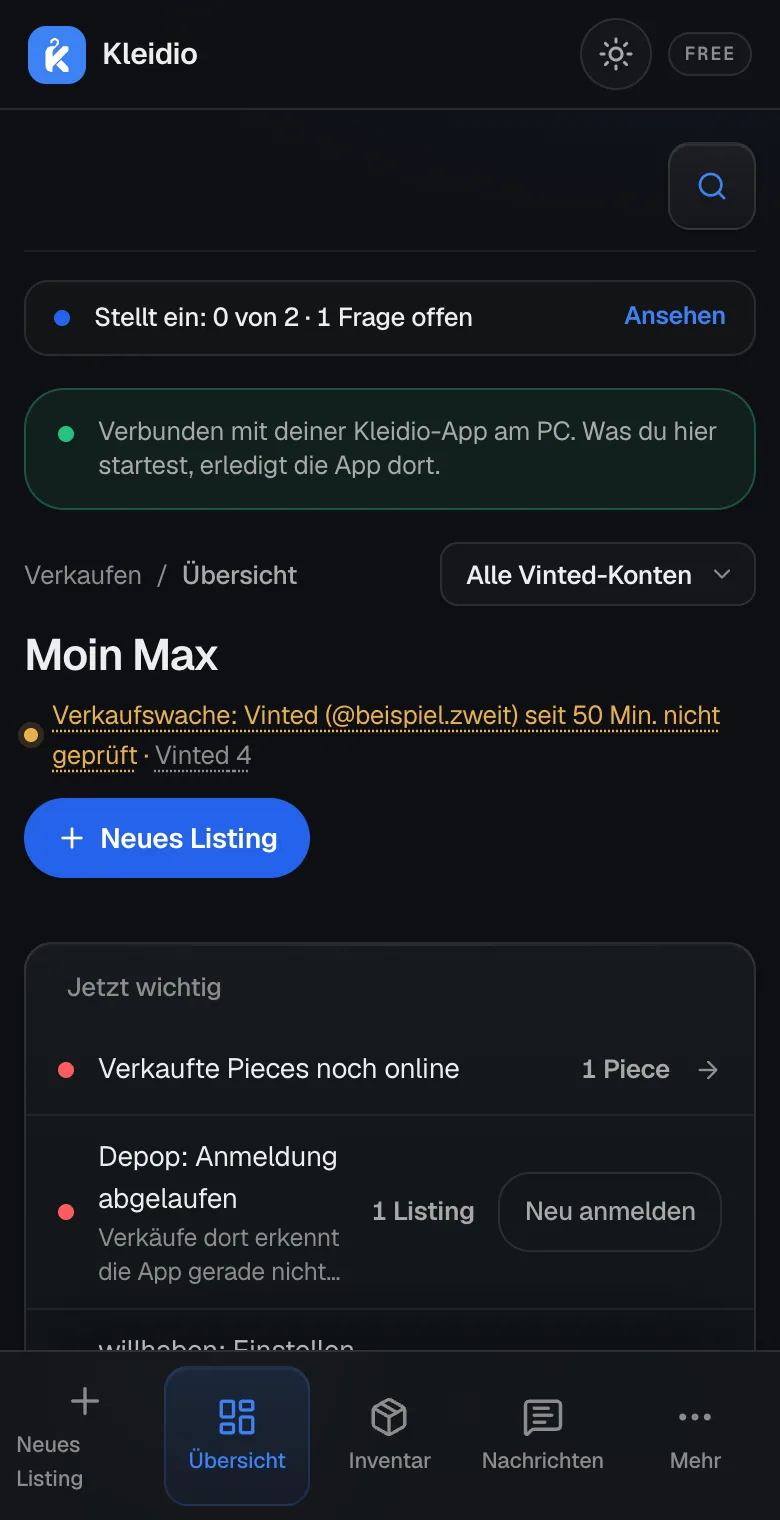Die Übersicht von kleidio.com am Handy mit dem grünen Hinweis Verbunden mit deiner Kleidio-App am PC, darunter Jetzt wichtig und die Leiste unten mit Übersicht, Inventar und Nachrichten.