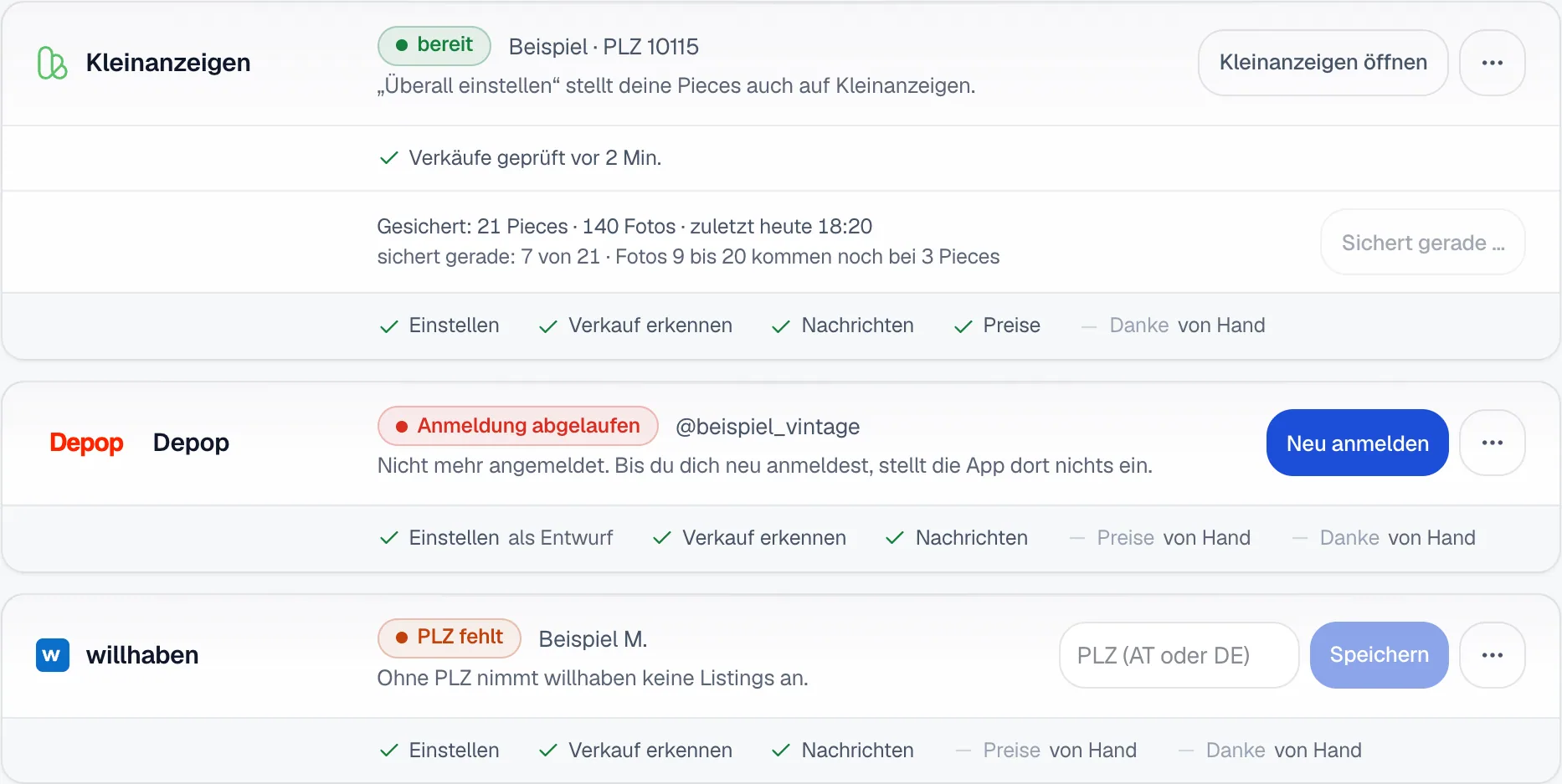 Drei Karten unter Marktplätze: Kleinanzeigen bereit, Depop mit Anmeldung abgelaufen und dem Knopf Neu anmelden, willhaben mit PLZ fehlt und einem Feld für die PLZ.