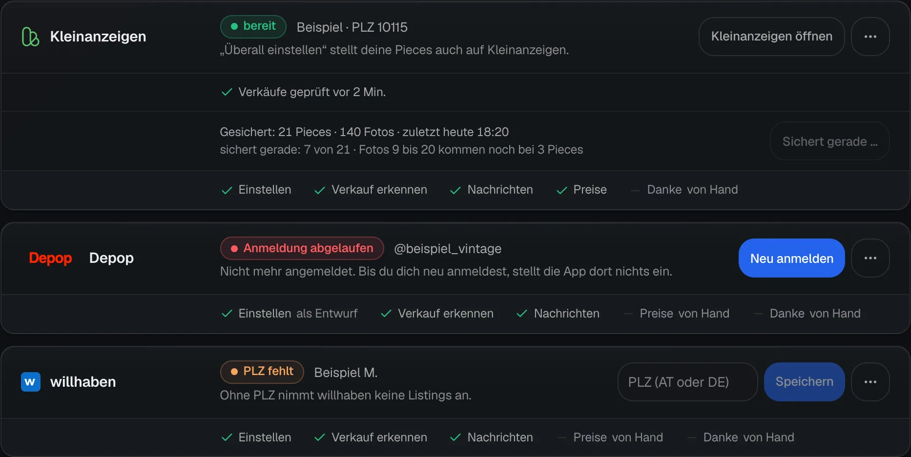 Drei Karten unter Marktplätze: Kleinanzeigen bereit, Depop mit Anmeldung abgelaufen und dem Knopf Neu anmelden, willhaben mit PLZ fehlt und einem Feld für die PLZ.