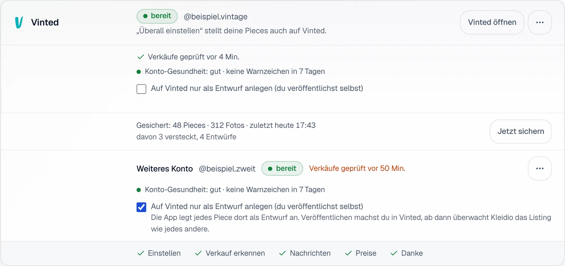 Die Vinted-Karte unter Marktplätze mit dem Hauptkonto @beispiel.vintage oben und darunter dem weiteren Konto @beispiel.zweit, beide mit Status bereit.