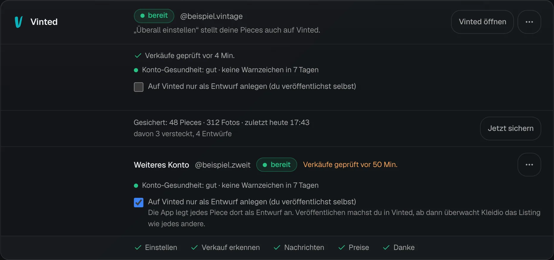 Die Vinted-Karte unter Marktplätze mit dem Hauptkonto @beispiel.vintage oben und darunter dem weiteren Konto @beispiel.zweit, beide mit Status bereit.