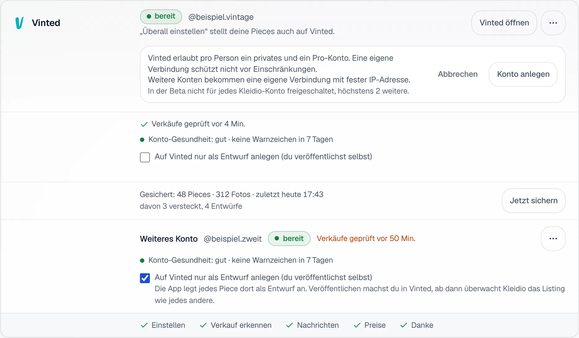 Die aufgeklappte Zeile in der Vinted-Karte: Vinted erlaubt pro Person ein privates und ein Pro-Konto, weitere Konten bekommen eine eigene Verbindung mit fester IP-Adresse, daneben Abbrechen und Konto anlegen.
