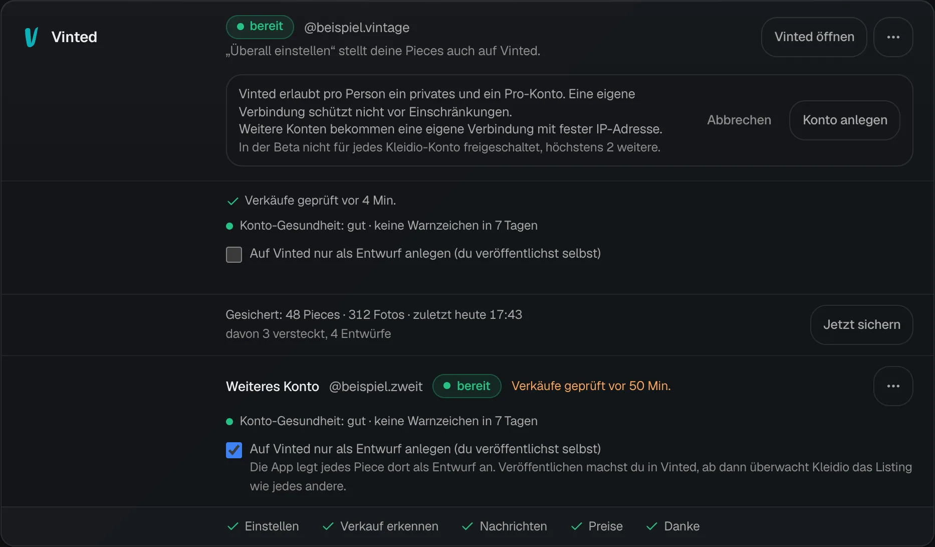 Die aufgeklappte Zeile in der Vinted-Karte: Vinted erlaubt pro Person ein privates und ein Pro-Konto, weitere Konten bekommen eine eigene Verbindung mit fester IP-Adresse, daneben Abbrechen und Konto anlegen.