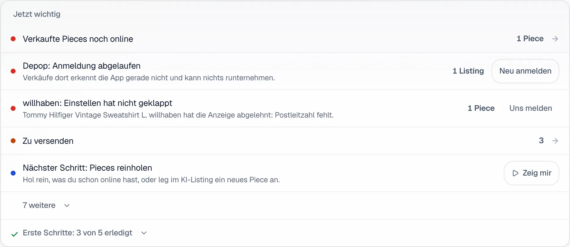 Die Liste Jetzt wichtig in der Übersicht mit Zeilen wie Verkaufte Pieces noch online, Depop Anmeldung abgelaufen mit dem Knopf Neu anmelden und dem nächsten Schritt mit Zeig mir.