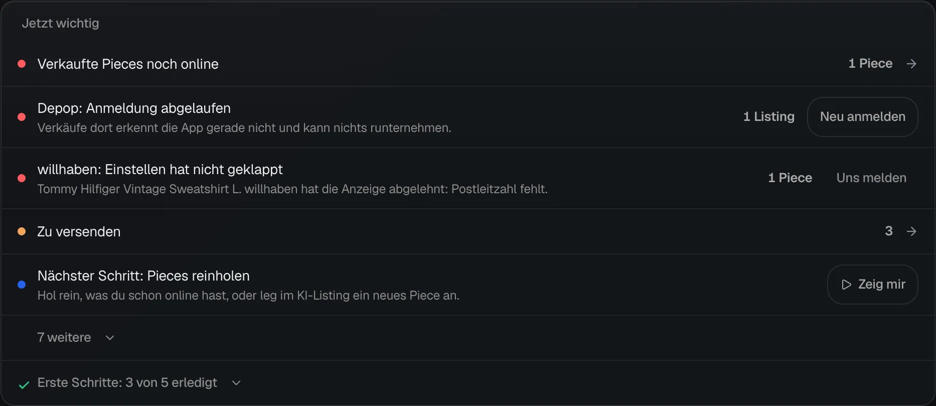 Die Liste Jetzt wichtig in der Übersicht mit Zeilen wie Verkaufte Pieces noch online, Depop Anmeldung abgelaufen mit dem Knopf Neu anmelden und dem nächsten Schritt mit Zeig mir.