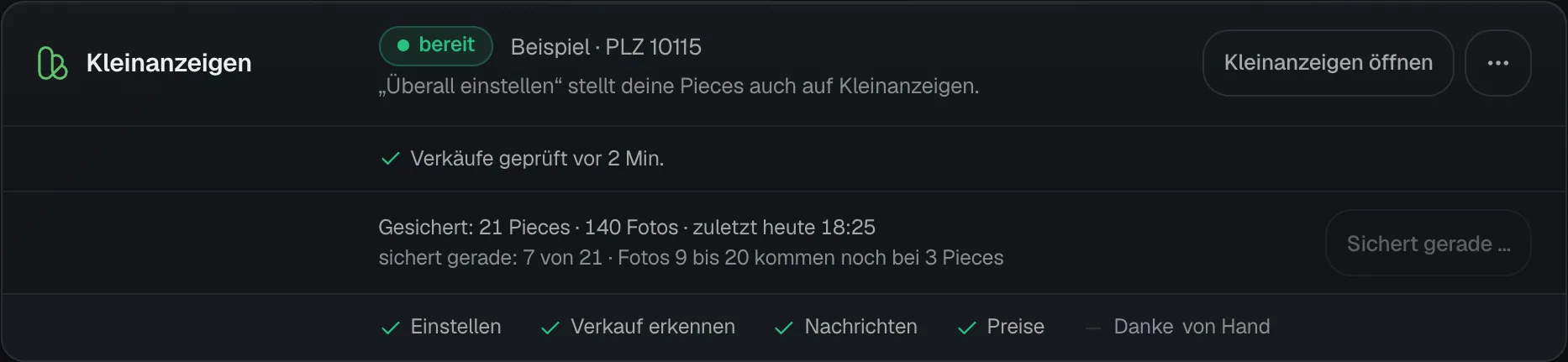 Die Kleinanzeigen-Karte unter Marktplätze mit dem Status bereit, der PLZ, dem Knopf Kleinanzeigen öffnen und unten der Leiste Einstellen, Verkauf erkennen, Nachrichten, Preise und Danke von Hand.