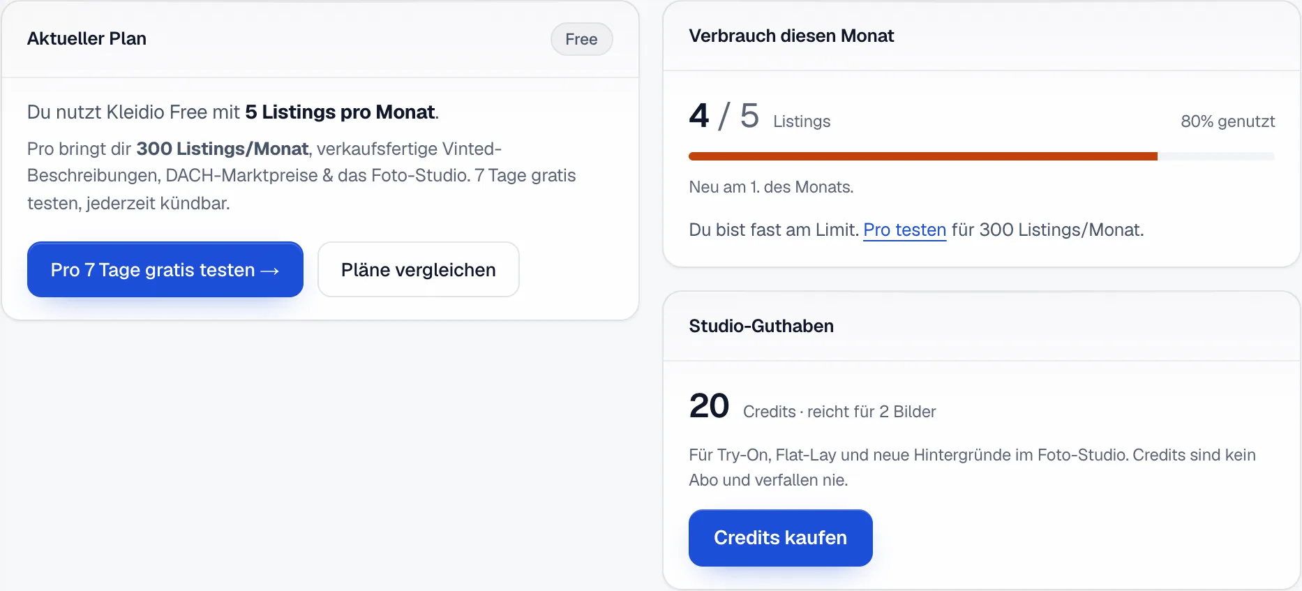 Plan und Abrechnung im Kleidio-Konto: Aktueller Plan Free mit dem Knopf Pro 7 Tage gratis testen, Verbrauch diesen Monat 4 von 5 Listings und Studio-Guthaben 20 Credits.