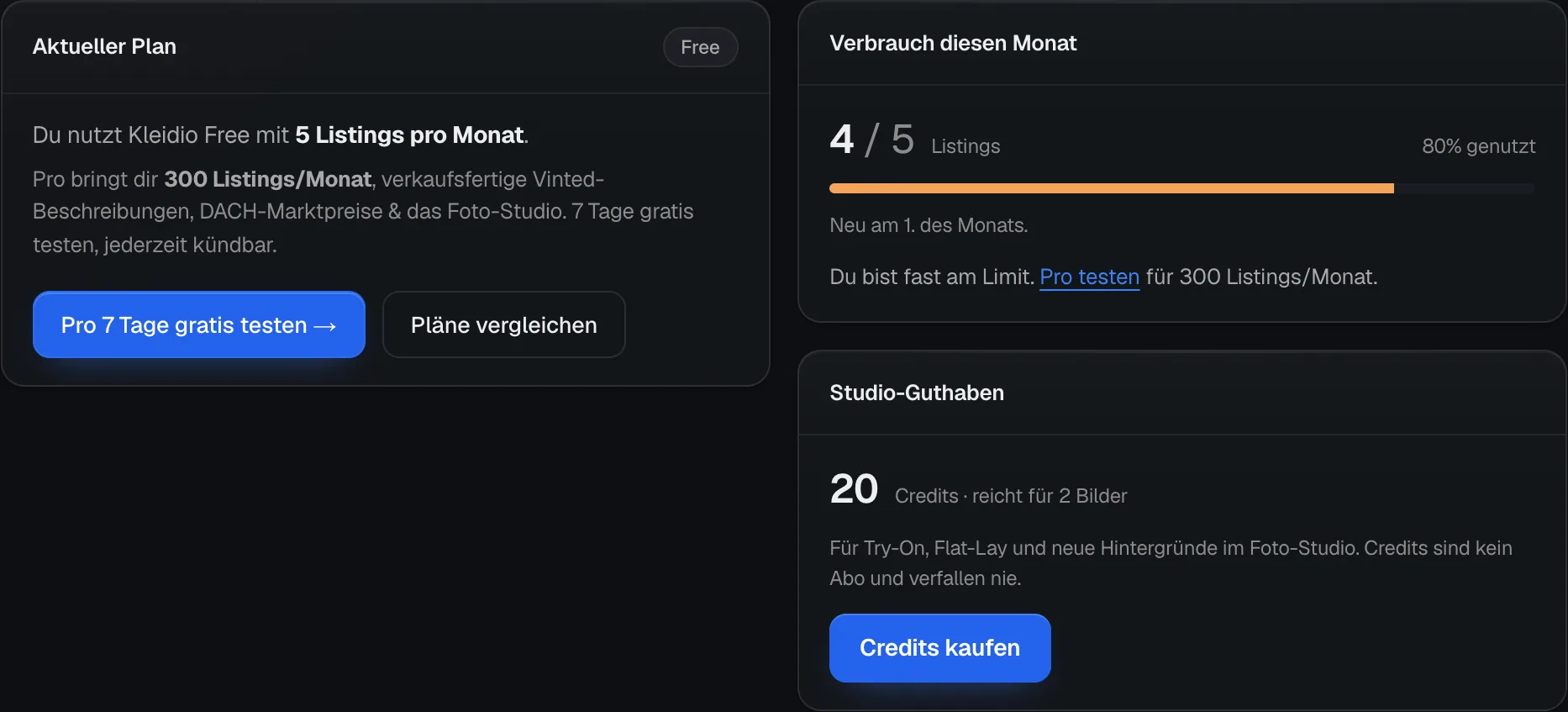 Plan und Abrechnung im Kleidio-Konto: Aktueller Plan Free mit dem Knopf Pro 7 Tage gratis testen, Verbrauch diesen Monat 4 von 5 Listings und Studio-Guthaben 20 Credits.