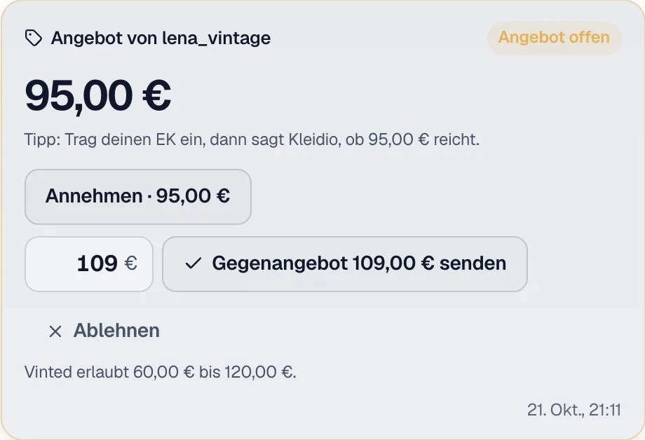 Eine Angebotskarte im Chat: Angebot über 95 Euro mit den Knöpfen Annehmen, Gegenangebot mit Preisfeld und Ablehnen, darunter die Spanne, die Vinted erlaubt.