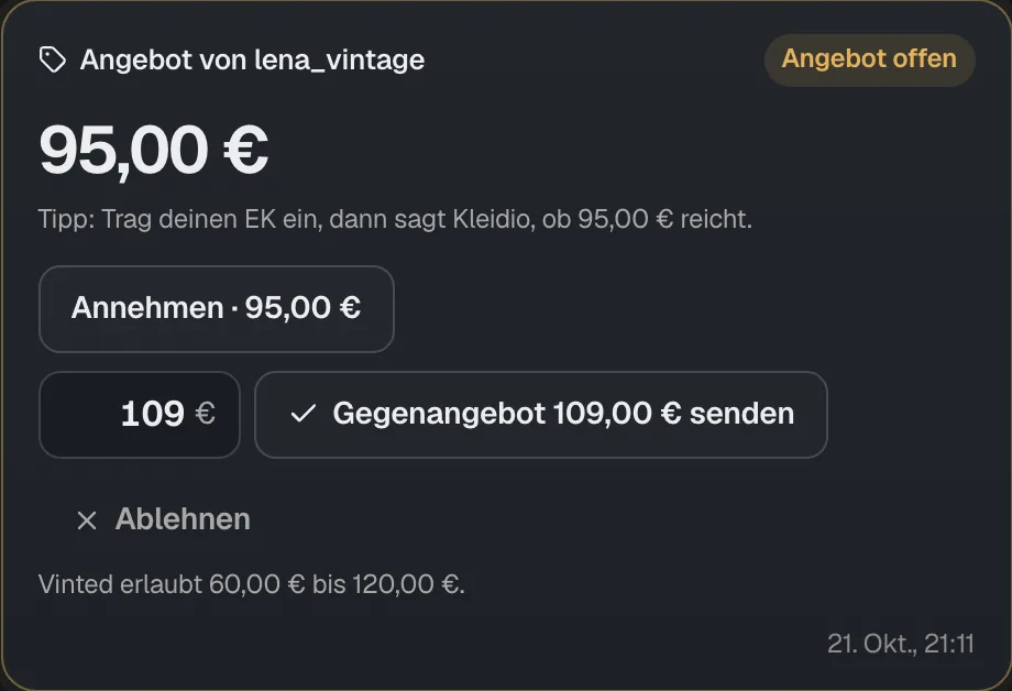 Eine Angebotskarte im Chat: Angebot über 95 Euro mit den Knöpfen Annehmen, Gegenangebot mit Preisfeld und Ablehnen, darunter die Spanne, die Vinted erlaubt.
