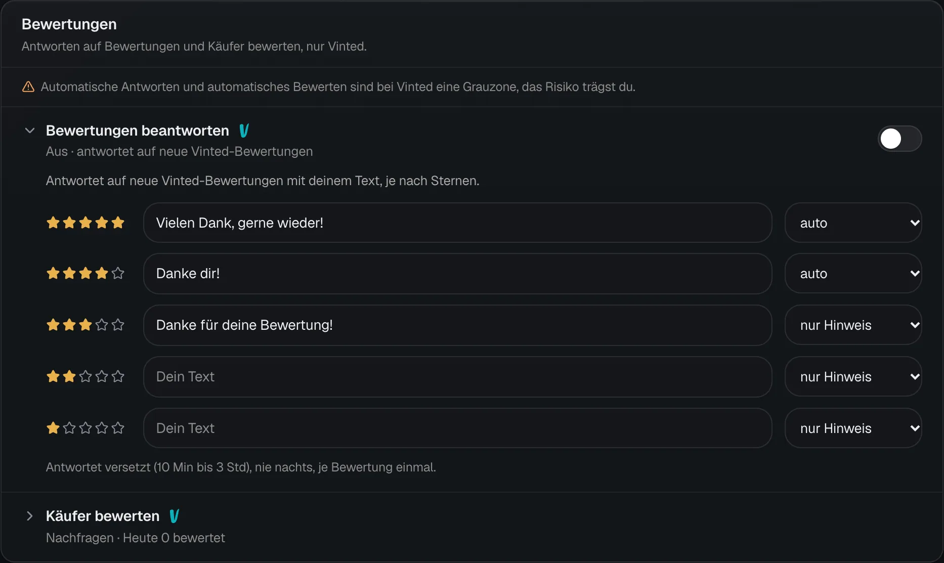 Die Gruppe Bewertungen unter Automatik mit dem Risiko-Satz, der Zeile Bewertungen beantworten mit einem Text je Sternezahl und der Wahl auto oder nur Hinweis.