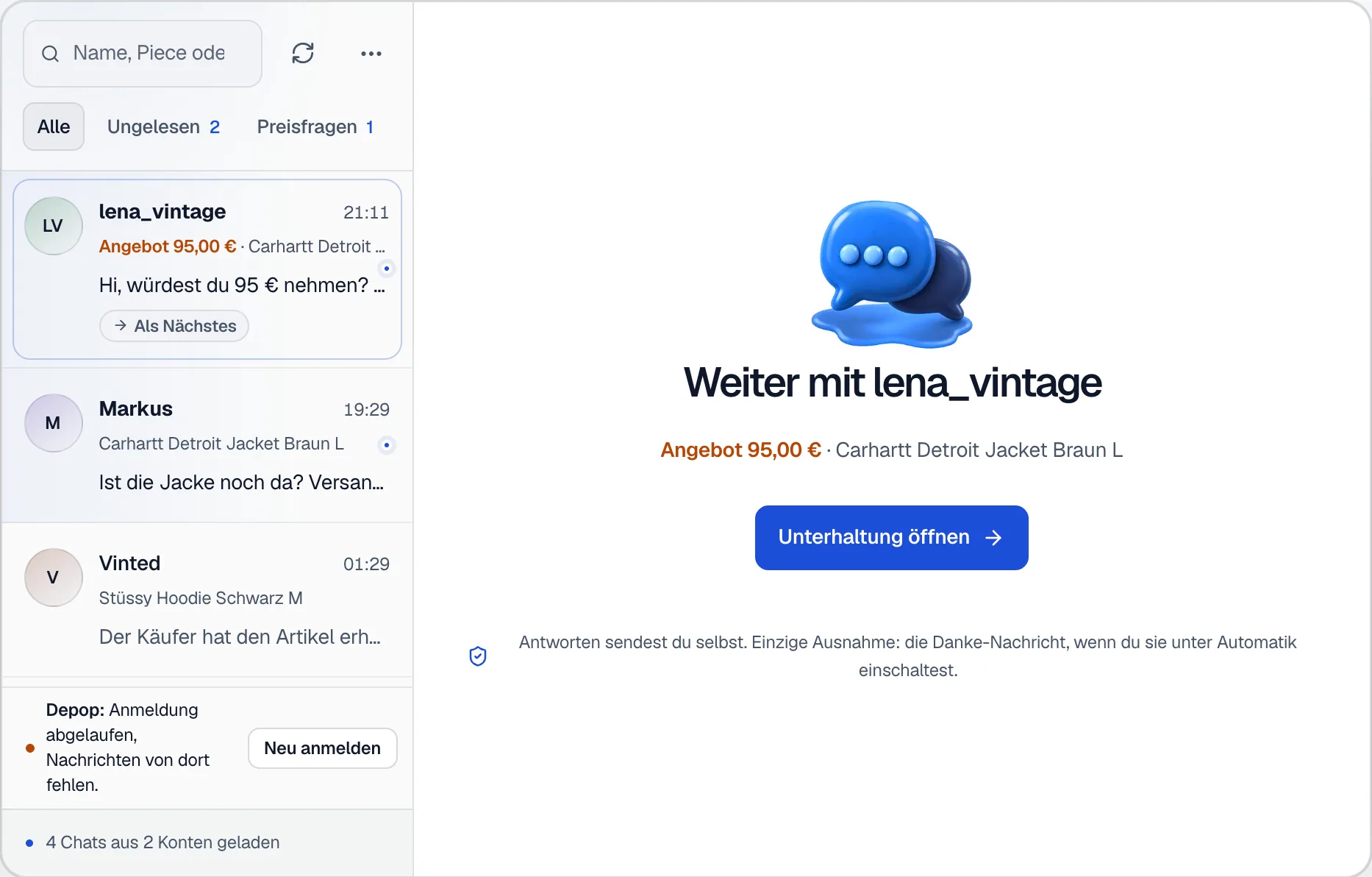Der Posteingang unter Nachrichten mit Filtern, Unterhaltungen von Vinted und Kleinanzeigen und rechts dem Hinweis, dass du Antworten selbst sendest.