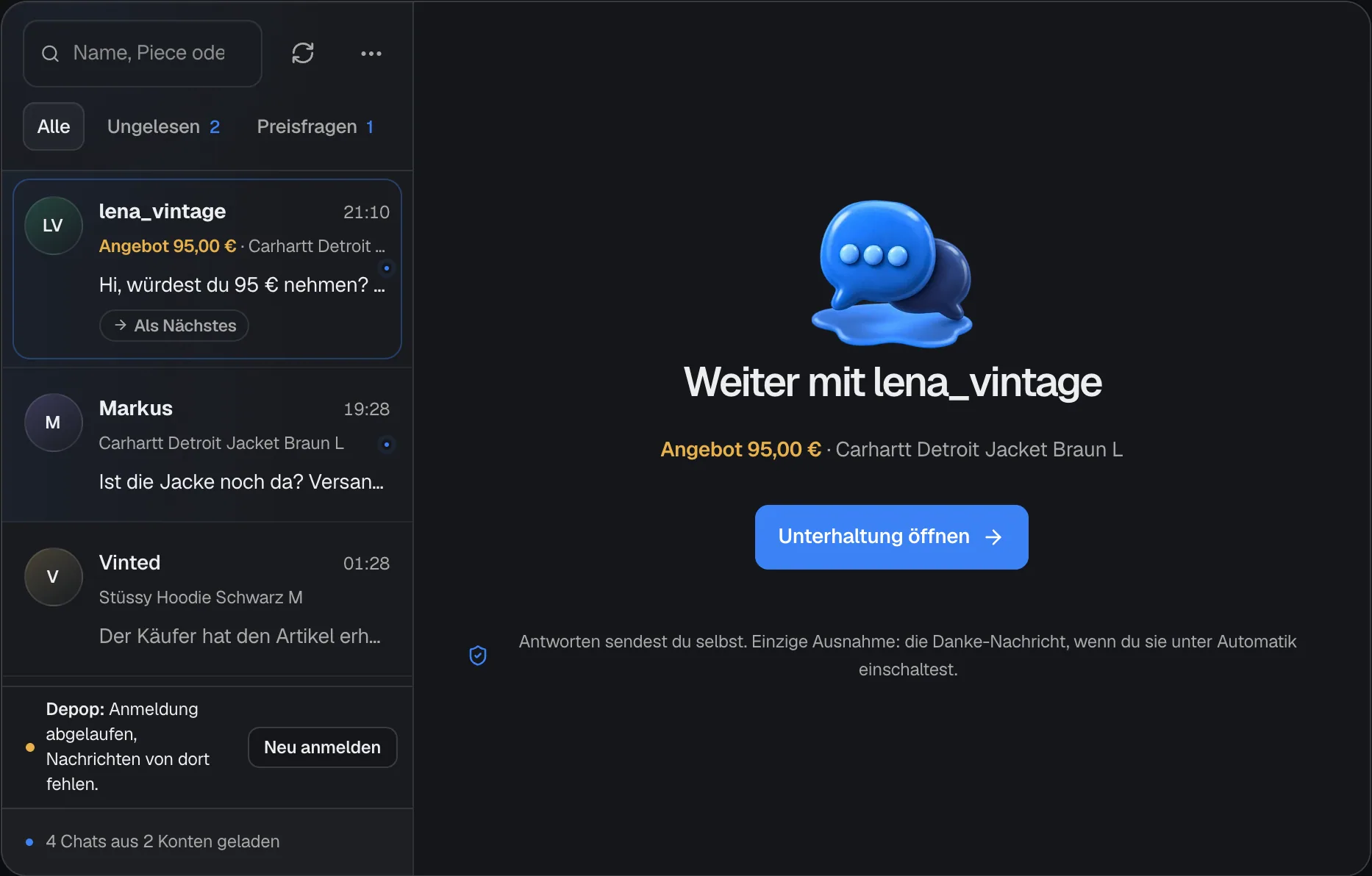 Der Posteingang unter Nachrichten mit Filtern, Unterhaltungen von Vinted und Kleinanzeigen und rechts dem Hinweis, dass du Antworten selbst sendest.