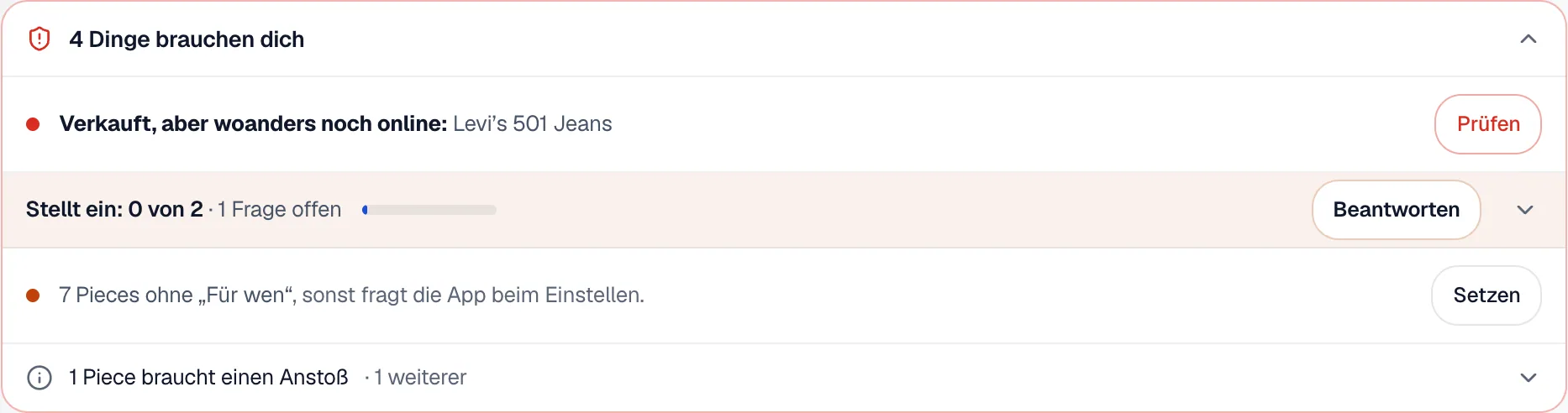 Der Kasten Dinge brauchen dich im Inventar mit der Zeile Verkauft, aber woanders noch online und dem Knopf Prüfen.