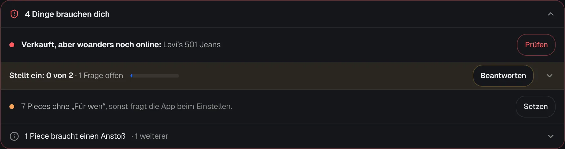 Der Kasten Dinge brauchen dich im Inventar mit der Zeile Verkauft, aber woanders noch online und dem Knopf Prüfen.
