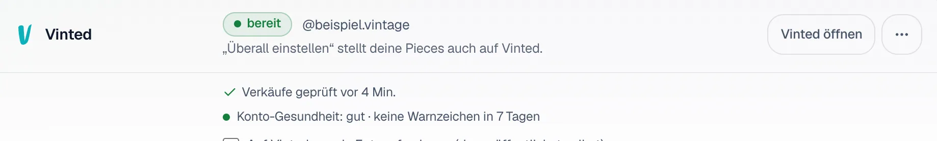 Der Kopf der Vinted-Karte unter Marktplätze mit Verkäufe geprüft vor 4 Min. und Konto-Gesundheit gut ohne Warnzeichen in 7 Tagen.