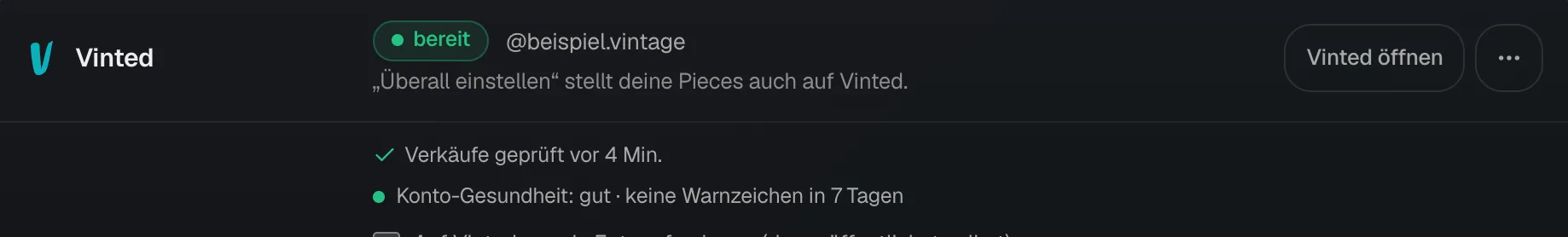 Der Kopf der Vinted-Karte unter Marktplätze mit Verkäufe geprüft vor 4 Min. und Konto-Gesundheit gut ohne Warnzeichen in 7 Tagen.